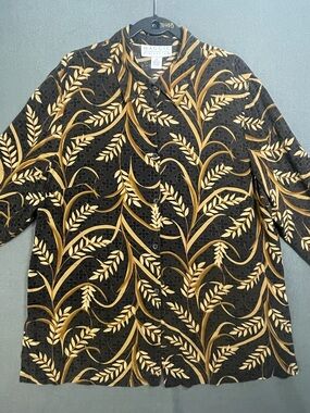 Maggie McNaughton Silk Blouse 1X Gold Botanical Button Front Top
